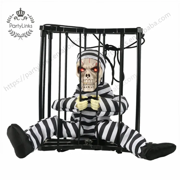 Halloween Skeleton Death Prisoner Motion Sensor Eyes Glowing Screaming Cage Ghost Scary Halloween Props Party DIY Decorations