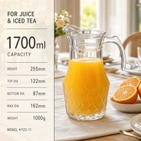 Carafe à Boissons avec Couvercle 1700ml 1000g en Verre Transparent Motif Feuille de Diamant, Vente Directe Usine pour Jus, Bar, Petit-Déjeuner, Brunch, Café