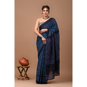 Sari de Algodón Mulmul Estampado con Blusa a Juego, Sari de Algodón Mulmul Ligero y Elegante - Cómodo para Uso Diario - Product Image 1