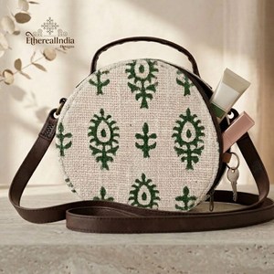 <b>Green</b> Block Print Round Sling Bag Wholesale Handmade Cotton Circle Crossbody <b>Purse</b> Ethnic Floral Handbag Export India - Product Image 2