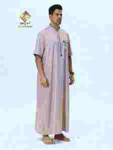 Al Haramain <b>Men</b> <b>Thobe</b> Stand Collar Short Sleeve Cotton Prayer Wear Floor Length Solid Color Modest Style - Product Image 3