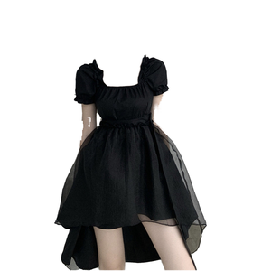 Nuovo Abito Estivo Versione Coreana Nero <span class=keywords><strong>in</strong></span> <span class=keywords><strong>Organza</strong></span> con Collo Quadrato e <span class=keywords><strong>Maniche</strong></span> a Sbuffo, Lunghezza al Ginocchio, Vita Naturale, per Donna - Product Image 3
