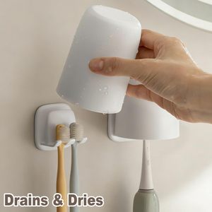 Support mural multifonctionnel pour brosses à dents en plastique, sans perçage, avec porte-gobelets de salle de bain - Product Image 3