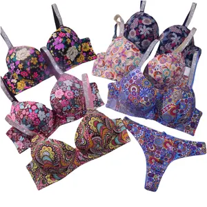 40-46 C Cup Push-up Spandex Medium Printing With Drill Fashionable Printed Underwire Bra Set For Big Breasts Woman