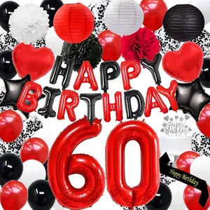 Nimicro ruby decorações para festa, tema vermelho lanterna, pompoms, fabuloso de 60 anos de idade, suprimentos para festa de feliz aniversário