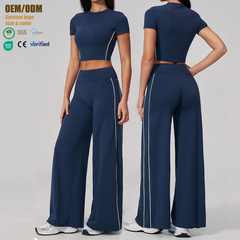 Custom Logo Women's Cropped Tank Top High Waisted Wide Leg Yoga Pants Set Breathable Activewear Contrast Side Stripes Sets