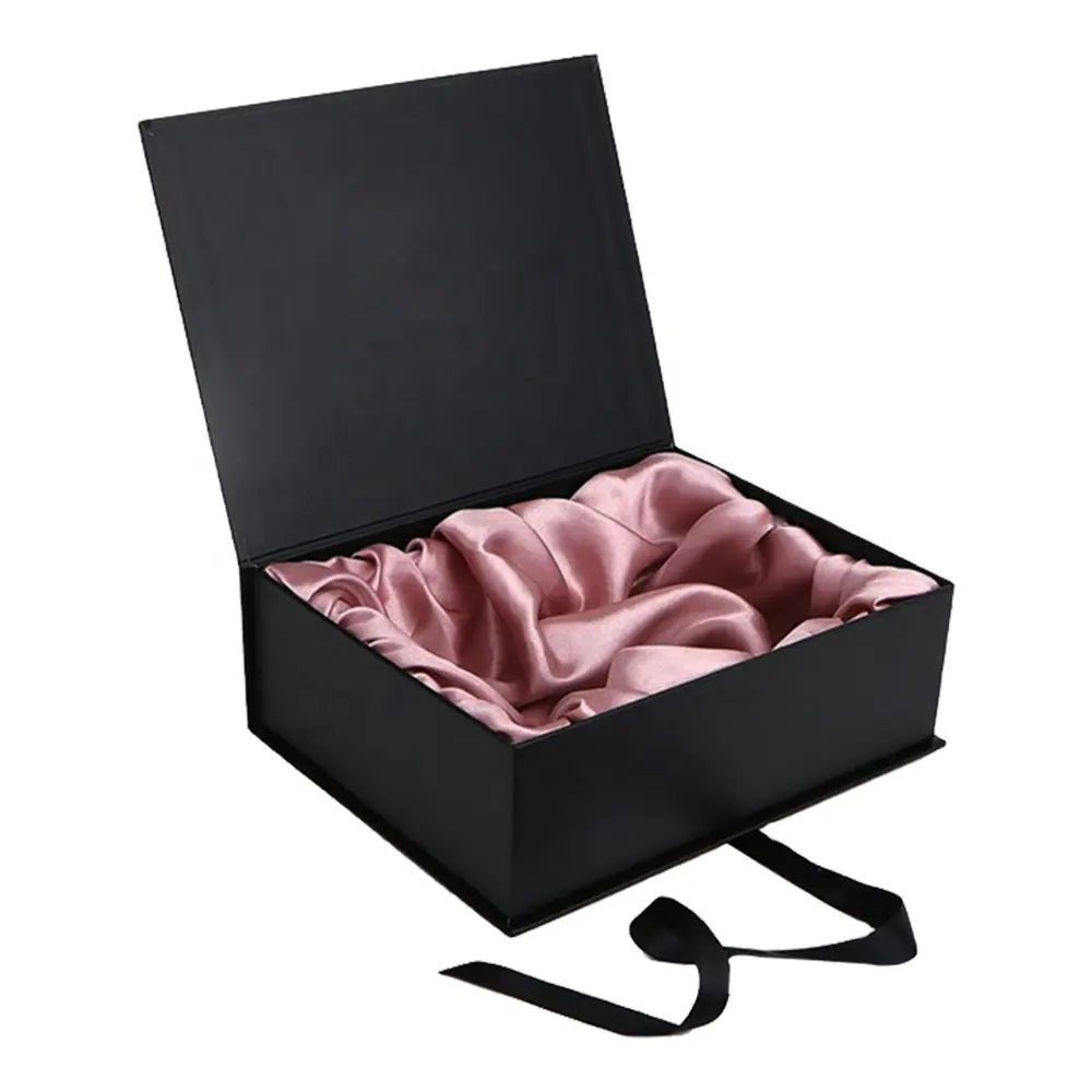 Custom logo black Cardboard Luxury Gift Satin Lined Ribbon cosmetics Extension Hair bundl Wig Packaging Boxes