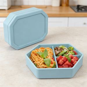 Boîte à lunch en silicone de qualité alimentaire sans BPA avec couvercle en plastique, compatible micro-ondes, anti-fuite, boîte bento à 2 compartiments pour enfants et adultes - Product Image 2