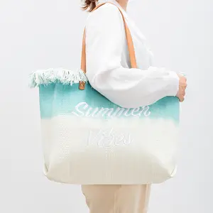 Heavy Weight Embroidery High Quality Colorful Oversize Large Capacity Tassels Beach Tote Bag Travel Canvas Shoulder Bag Lady
