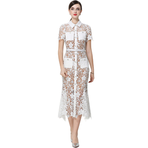 Elegante Vestido Midi de Mujer, Color Sólido, Manga Corta, Cintura Natural, Corte <span class=keywords><strong>Sirena</strong></span> con Encaje - Product Image 5