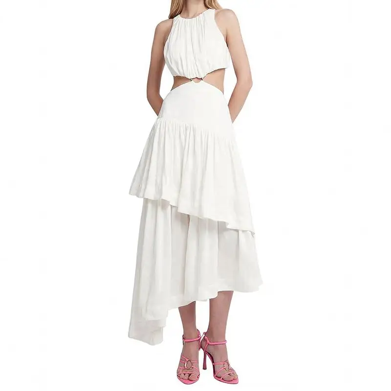 Женское платье из смеси льна, белое дизайнерское официальное платье с разрезом и боковыми карманами, 69% лен, 31% вискоза, повседневные платья для женщин