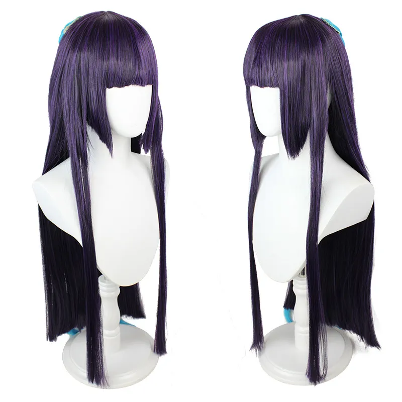High quality factory custom japanese girls game carton costume long straight synthetic hair cosplay wig with blue braid