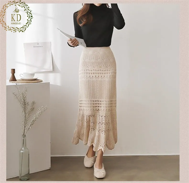 KD Knitwear Manufacturer Custom 2022 Summer High Rise Flowers Cutout Classic Loose Knit Women's Long Dress