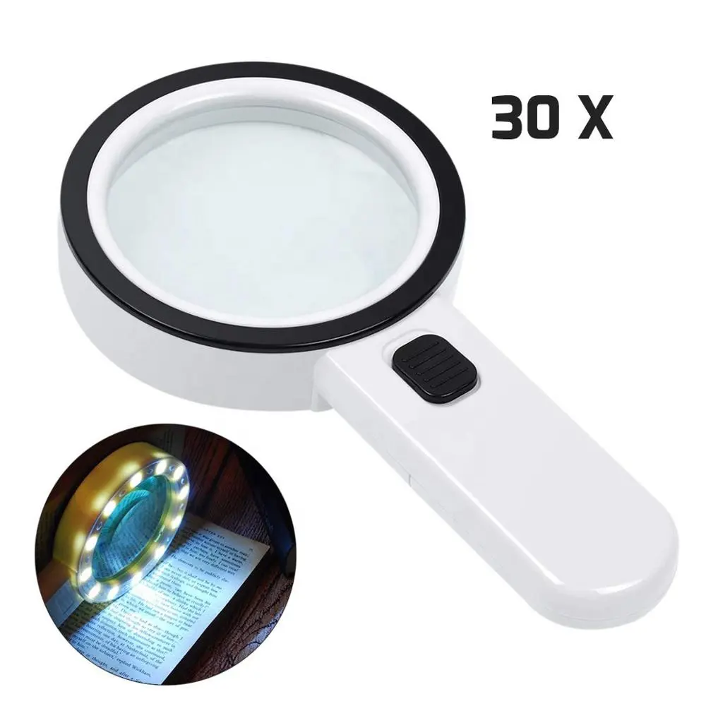Magnifying Glass with Light, 30X Handheld Large Magnifying Glass 12 LED Illuminated Lighted Magnifier for Macular Degeneration
