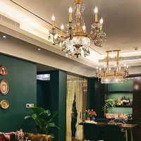 Lustre de salle à manger de style français, luxe, tout en cuivre, rond, avec cristaux LED, taille moyenne, pour villa, duplex, éclairage à bougies