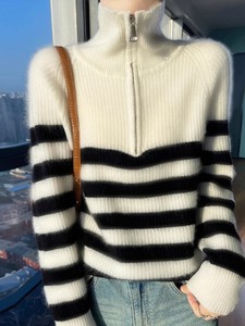 2025 Custom Cashmere Knitted Women Strip Half-zip Cashmere Women <strong>Sweater</strong> - Product Image 3