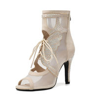 Nouvelles chaussures de danse jazz respirantes en résille, à talons hauts papillon, avec strass, pour la danse jazz et latine.