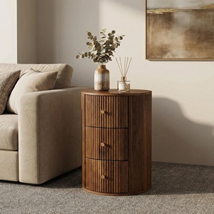 <strong>Mid</strong> <strong>Century</strong> Round End <strong>Table</strong> with 3 Storage Drawers Wood Storage <strong>Side</strong> <strong>Table</strong> Beside <strong>Tables</strong> Bedroom Closed Nightstand - Product Image 1