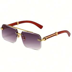 Lunettes de soleil pilote carrées en métal avec double pont, motif grain de bois, UV400, personnalisables avec logo, style rétro 2025, pour hommes et femmes - Product Image 2