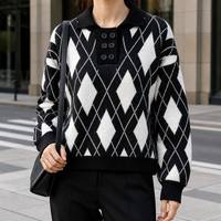 Pull en maille de haute qualité pour femmes, col polo, motif losanges noir et blanc, fabrication OEM ODM