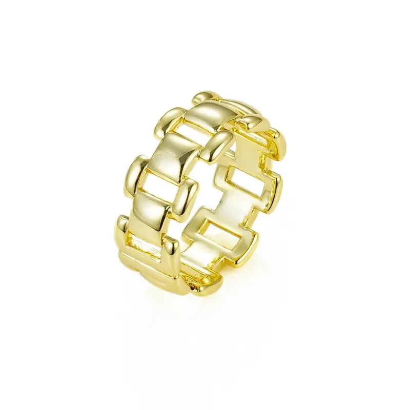 Supplier Custom Brass Rings Fashion Jewelry 18K Gold Plated Titanium Steel Rectangle Belt Chain Shape Finger Rings For Women Men