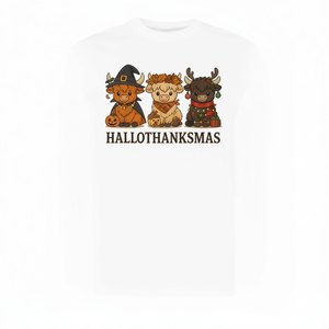 T-shirt à manches longues Hallothanksmas Highland Cow Trio, design Halloween Thanksgiving - Product Image 2