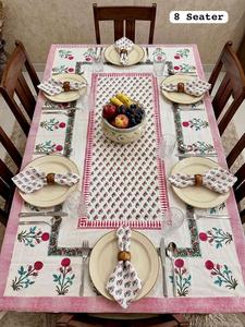 Hand Block Printed 100% Cotton Modern Floral Dining <b>Table</b> <b>Cover</b> with Napkins for 8 Seater - Product Image 2