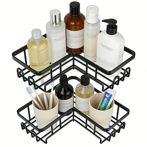 Set di 5 Accessori da Bagno Autoadesivi Neri: <span class=keywords><strong>Porta</strong></span> <span class=keywords><strong>Shampoo</strong></span>, Mensola Angolare, Organizzatore per Doccia - Product Image 1