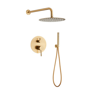 Set <span class=keywords><strong>Doccia</strong></span> a Cascata a Parete in Ottone Spazzolato Oro <span class=keywords><strong>con</strong></span> Doccetta, Kit Bagno Moderno - Product Image 4