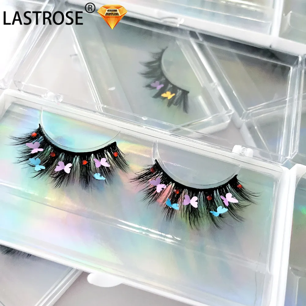 False Lashes 2022 New Products Butterfly Colored Lashes 3d Volume Faux Mink Strip Lashes Party False Eyelashes With Diamonds And Butterfly