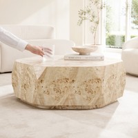 Table basse de luxe en bois de burl facetté, table centrale octogonale sculpturale rustique et créative