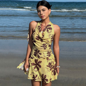 Women Floral Print Mesh V Neck Halter Tie <b>Dress</b> Pleated Waist A Line Skirt Casual Vacation Style - Product Image 1