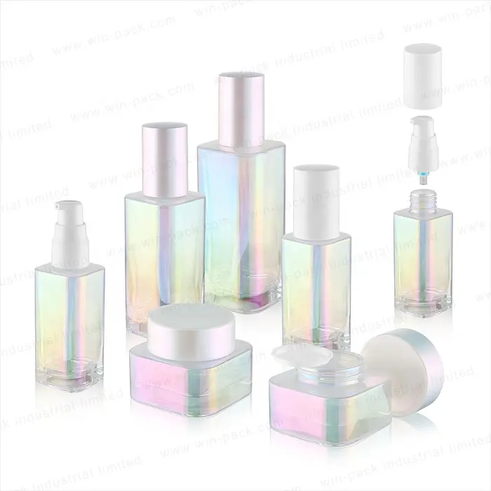 Pompspuit Holografische Paarse Acryl Cosmetische Set Glazen Fles Laag Moq Plastic Shanghai Cosmetische Zeefdruk Regenb1.7ozth