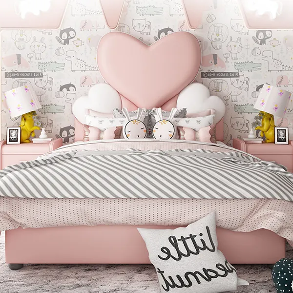 New Design Girls Pink Heart Shaped Estofados Cabeceira Quarto Set Móveis Madeira Sólida Kids Storage Bed