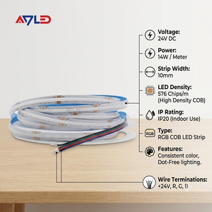 DC24V 14W per Meter IP20 <b>RGB</b> COB LED Strip 576 LEDs per Meter High Density Flexible Ribbon Light 10mm Width - Product Image 1