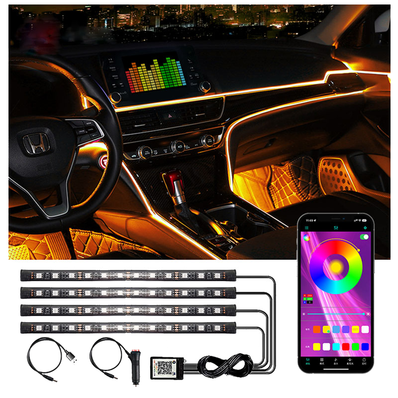 JYGD 48/72 LED Car Interior Strip Lights Floor Atmosphere Glow Neon Decorative with Music Auto Interior Custom Lighting