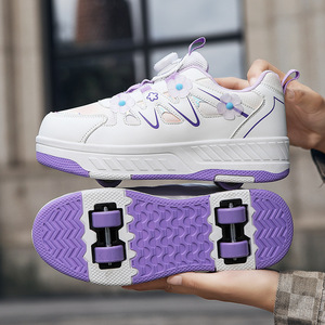 Chaussures de sport pour enfants avec roulettes, design floral blanc et violet pour filles, taille 30-37, semelle extérieure en TPU, semelle intermédiaire en EVA, doublure en mesh - Product Image 3