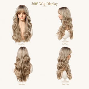 Perruque longue ondulée effet vague d'eau, blond beige cendré avec frange <span class=keywords><strong>et</strong></span> racines foncées, résistante à <span class=keywords><strong>la</strong></span> chaleur, en fibre haute température, sans colle, directement de l'usine - Product Image 4