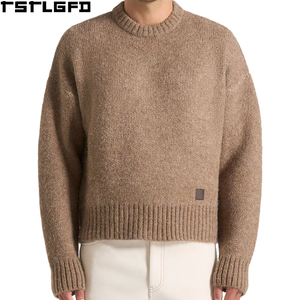Jersey de punto texturizado con cuello redondo, color marrón, estilo relajado, puños y bajo acanalados, manga larga, gráfico con texto en la espalda, personalizado, venta al por mayor de fábrica - Product Image 1