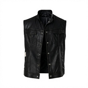 Men's Genuine Leather Moto <b>Vest</b> Stand Collar Button Closure Solid <b>Black</b> Outer Wear Autumn Style - Product Image 2