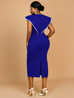 Robe Fourreau Longueur Midi Bleu Royal de Soirée à Col en V avec Manches Courtes à Volants et Fleur Blanche