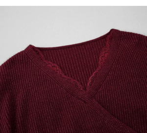 Maglione aderente da <span class=keywords><strong>donna</strong></span> Chic <span class=keywords><strong>bordeaux</strong></span> a vita sottile e manica lunga con scollo a V in pizzo Splicing Sexy e temperamento-maglieria - Product Image 2