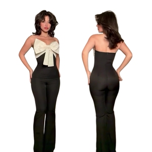 Combinaison d'été élégante, taille haute, sans manches, avec nœud sur l'épaule, longueur genou, respirante, décontractée, style urbain, extensible, écologique - Product Image 1