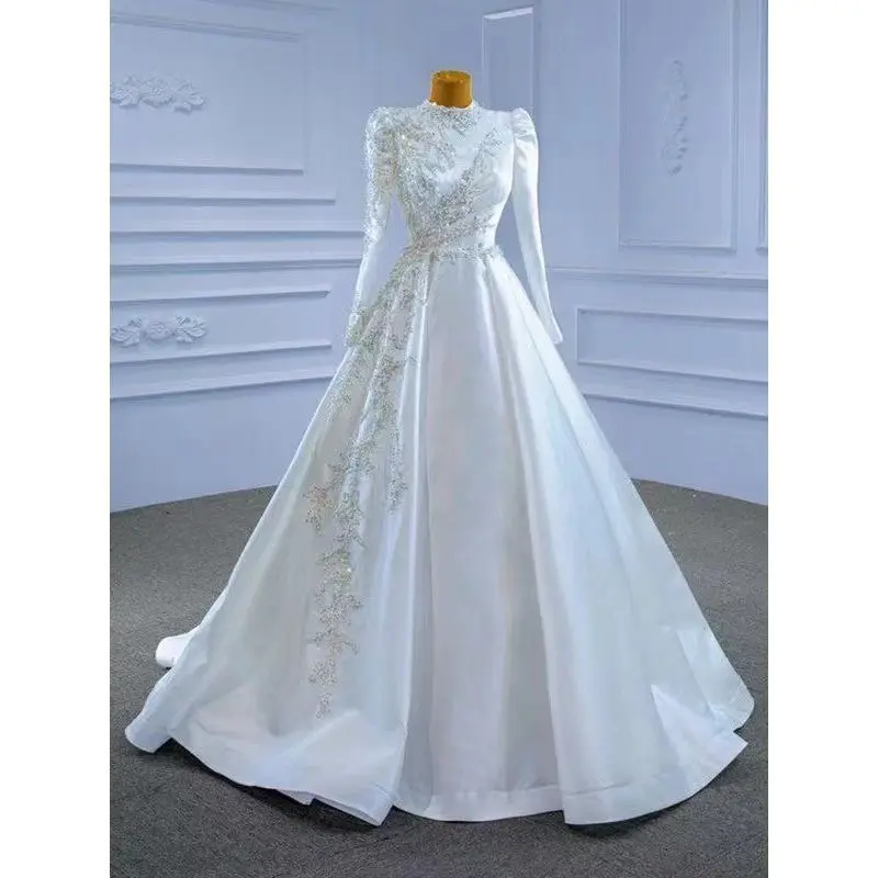 فساتين زفاف AL1614 فستان زفاف من الساتان الأبيض المسلم فستان زفاف
