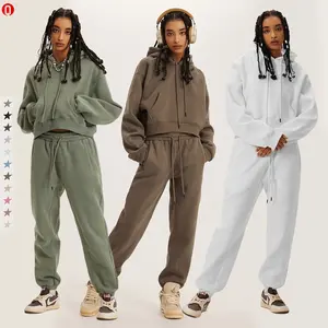 2022 Baru 345G Bulu Dipertebal Warna Solid Pakaian Olahraga Wanita Kaus Sweater Berat Hoodies Set Pakaian Olahraga