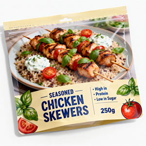 Sacchetto <span class=keywords><strong>Sottovuoto</strong></span> Personalizzato in Alluminio Stampato a Rotocalco, Resistente al Calore, ad Alta Barriera, per Confezionamento di Spiedini di Pollo Conditi - Product Image 1