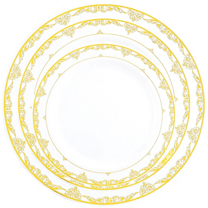 Plato Desechable Redondo de Plástico PS Duro con Encaje Dorado Moderno, Recubrimiento Dorado en Caliente, 7 Pulgadas de Diámetro, Moldeado por Inyección para Fiestas - Product Image 1