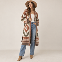 Cardigan long sur mesure pour femme, style bohème, jacquard géométrique, tricot oversize, manteau ouvert, tricot ethnique vintage, OEM ODM