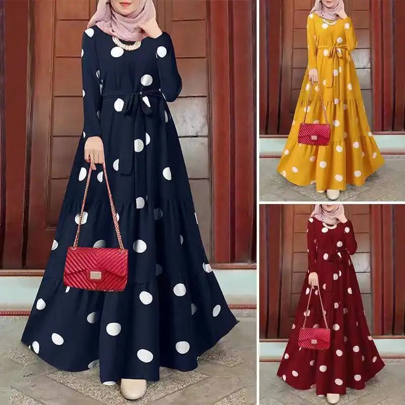 2022 Muslim Casual Temperament Large Wave Dress Printed Cover Head Long Sleeve Lace Up Large Swing Gown Dress