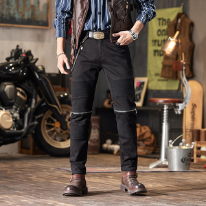 Pantalones de mezclilla ajustados elásticos negros para hombre, estilo motociclista, corte slim, tendencia urbana - Product Image 4
